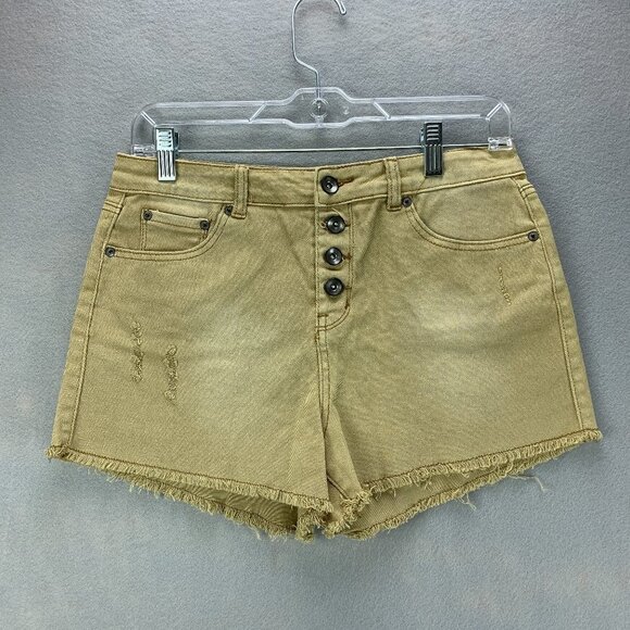 Others Follow Womens Denim Shorts 28 Stretchy Raw Hem Distressed Tan Button Fly - Picture 1 of 10